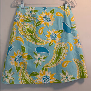 Lilly Pulitzer Womens 4 Blue Yellow Patch Pocket Lined Paisley Preppy Mini Skirt